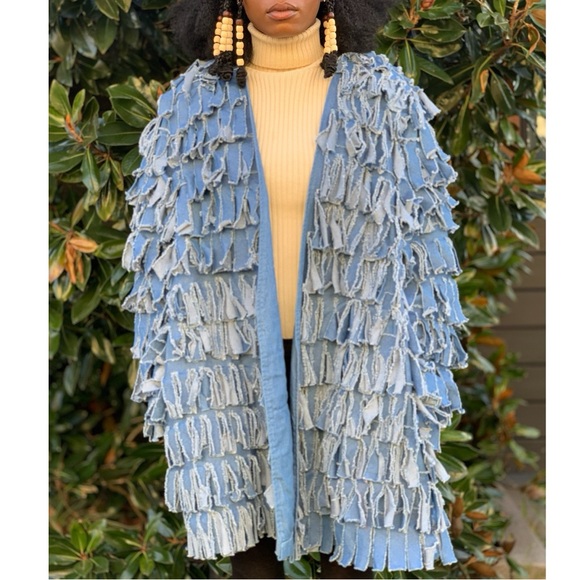 Paula Sweet Muslin Mink Jackets & Blazers - Vintage 80s Paula Sweet Muslin Mink Fringe Denim Jacket Large Blue USA Lagenlook